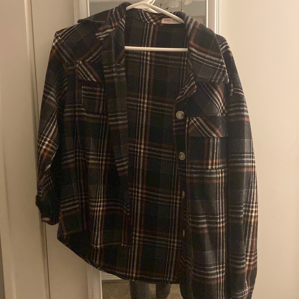 romwe shacket, lightly used, black brown and cream